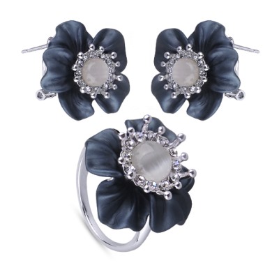 Комплект: кольцо и серьги (улексит, эмаль синяя, кристаллы; покрытие родий)