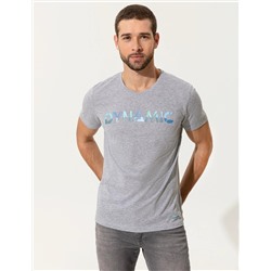 Açık Gri Melanj Slim Fit Baskılı Bisiklet Yaka Tişört