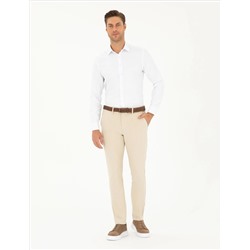 Bej Slim Fit Kanvas Çizgili Pantolon