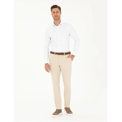 Bej Slim Fit Kanvas Çizgili Pantolon