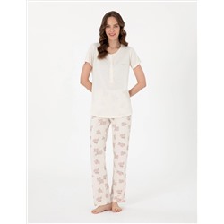 Krem Kısakollu Lohusa Pijama Takımı