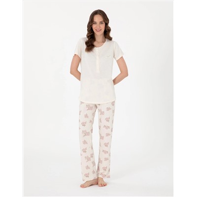 Krem Kısakollu Lohusa Pijama Takımı