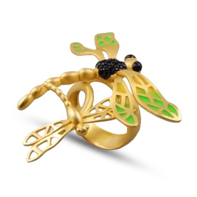 Кольцо Стрекоза (эмаль зеленая, желтая; покрытие матовое золото), Есть комплект