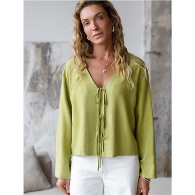 Укороченная свободная блузка с завязками и с V-вырезом изо льна с вискозой