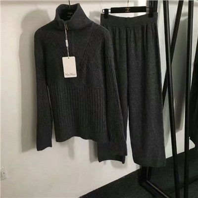 MaxMar* новый вязаный спортивный костюм, толстовка с высоким воротником и длинными рукавами с полумолнией + повседневные брюки, белый, розовый, черный, темно-коричневый, серый, абрикосовый, [один размер подходит всем, ширина плеч 60, обхват груди 120, длина рукава 55, длина одежды 58; талия 66, резинка, длина 101]
