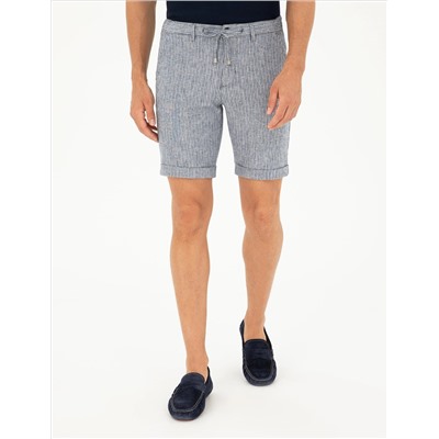 Açık Lacivert Slim Fit Keten Karışımlı Beli Lastikli Bağcıklı Dokuma Şort