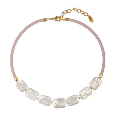 Колье Гевея (жемчуг белый, каучук розовый; покрытие золото) 40-45см, Есть комплект