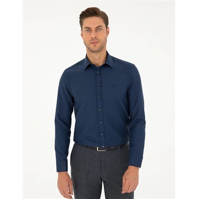 Lacivert Slim Fit Armürlü Uzun Kollu Gömlek