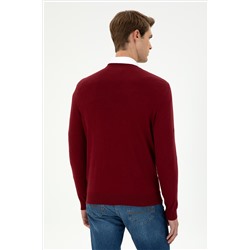 Erkek Slim Fit V Yaka Bordo Basic Kazak