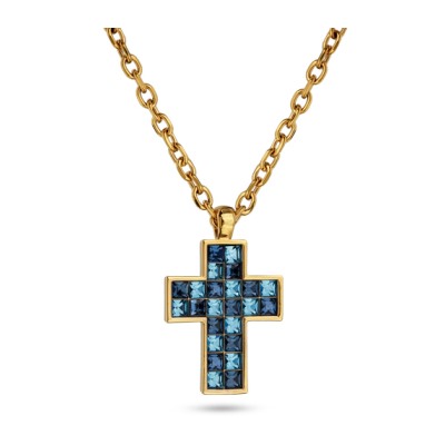 Кулон Квадро (кристаллы SW джинс, аквамарин; покрытие золото) 50см, Есть комплект