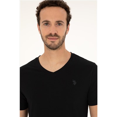 Erkek Slim Fit V Yaka Siyah Basic Tişört