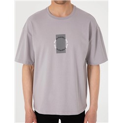 Gri Comfort Fit Bisiklet Yaka Tişört