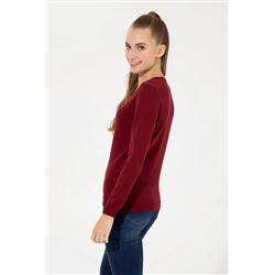 Kadın Bordo V - Yaka Basic Kazak