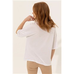 Kadın Beyaz Bisiklet Yaka Oversize Tişört