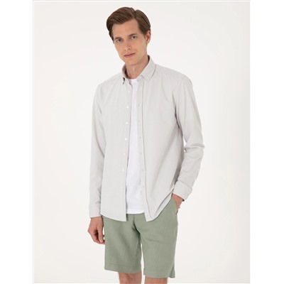 Gri Slim Fit Çizgili Uzun Kollu Gömlek