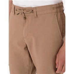 Kahverengi Slim Fit Keten Karışımlı Beli Lastikli Kanvas Pantolon
