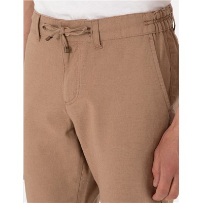 Kahverengi Slim Fit Keten Karışımlı Beli Lastikli Kanvas Pantolon