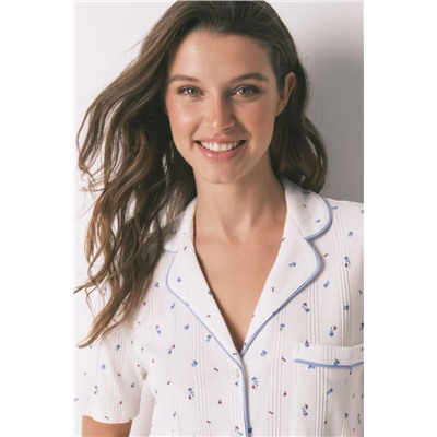 Pijama camisero algodón flores blanco