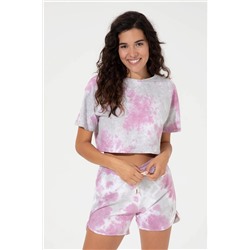 Kadın Menekşe Bisiklet Yaka Crop Tişört