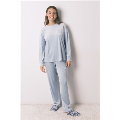 Pijama largo terciopelo canalé azul
