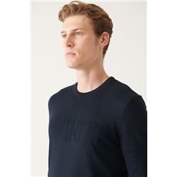 Lacivert Bisiklet Yaka Yazı Sloganlı Pamuklu Triko Kazak