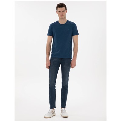 İndigo Melanj Pamuk Karışımlı Slim Fit Bisiklet Yaka Basic Tişört