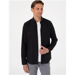 Siyah Keten Görünümlü Slim Fit Uzun Kollu Gömlek