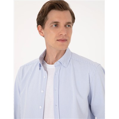 Açık Mavi Slim Fit Çizgili Uzun Kollu Gömlek