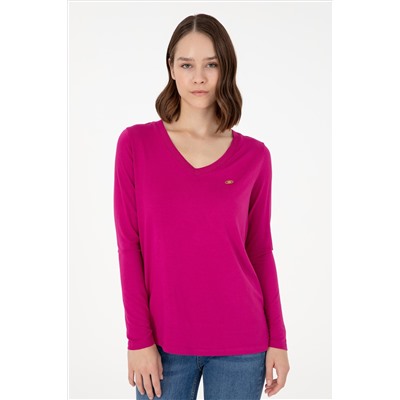 Kadın Fuşya V Yaka Sweatshirt