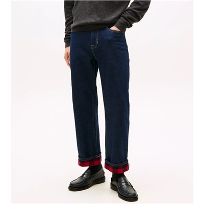 Plaid-Lined Straight Loose Jean