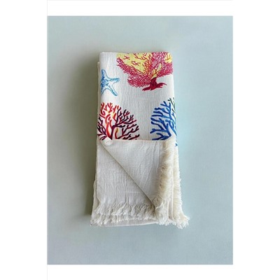 fildastore Deniz Yaşamı Motifi Desenli  %100 Organik Pamuk, Naturel,Müslin,Peştemal, Plaj Havlusu, Pareo