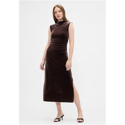 Ruched Velvet Mockneck Midi Dress