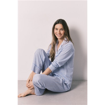 Pijama camisero largo cuadros Vichy azul algodón