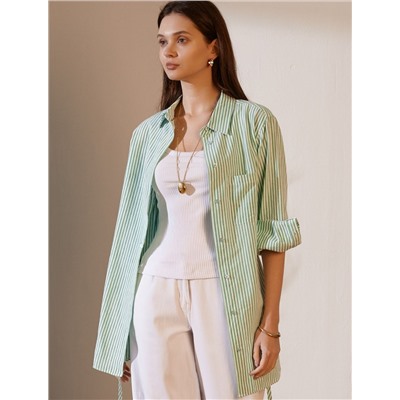 Удлиненная блузка с поясом в тонкую полоску из хлопка