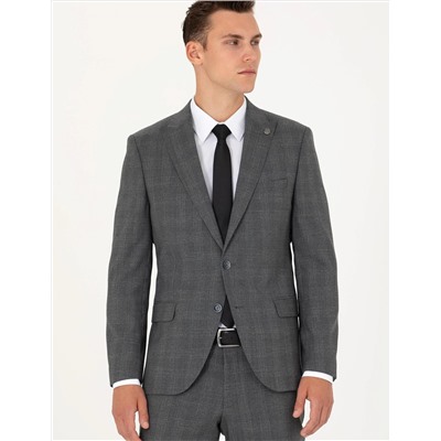 Füme Ekose Yün Karışımlı Ekstra Slim Fit Takım Elbise