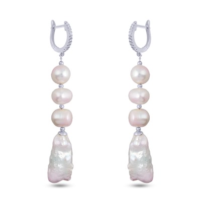 Серьги (жемчуг барочный белый, фианит; покрытие родий), Есть комплект