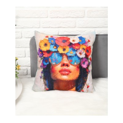 Декоративная наволочка "Девушка с цветами" 35х35см интерьерная