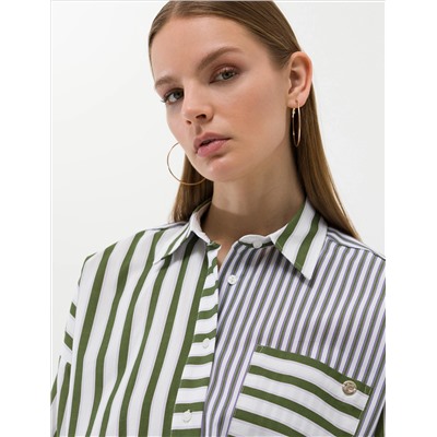 Yeşil Çizgili Oversize Uzun Kollu Gömlek