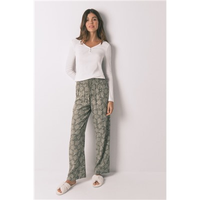 Pantalón largo viscosa flores kaki