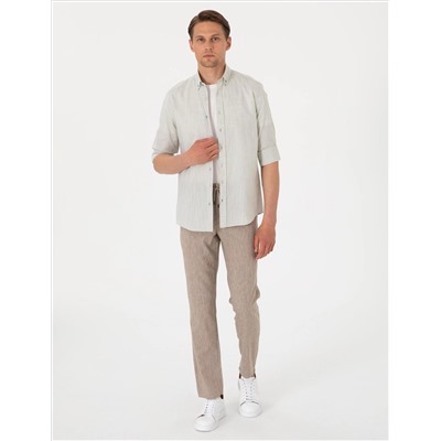 Çağla Keten Görünümlü Slim Fit Uzun Kollu Gömlek