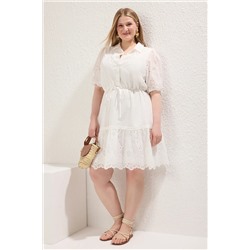 Trendyol Curve Beyaz Balon Kol A-Line Midi Dokuma Büyük Beden Elbise TBBSS25AH00102