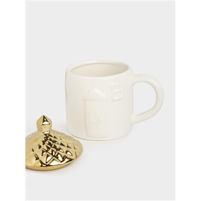 Кружка, 400 мл, с крышкой, керамика D, молочно-золотистая, Дом, Townlet