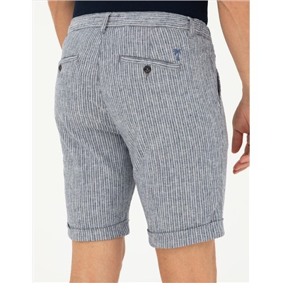 Açık Lacivert Slim Fit Keten Karışımlı Beli Lastikli Bağcıklı Dokuma Şort