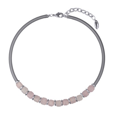 Колье Терра (кварц розовый, каучук серый; покрытие родий) 40-45см, Есть комплект