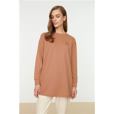 TRENDYOL MODEST Vizon Bisiklet Yaka Baskılı Yırtmaç Detaylı Örme Tunik TCTAW22UK0048