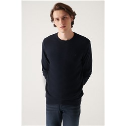 Lacivert Bisiklet Yaka Önü Dokulu Pamuklu Triko Kazak