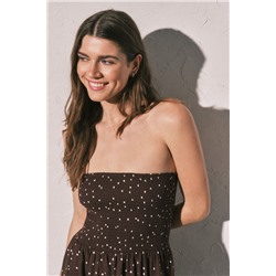 Vestido largo strapless estampado lunares