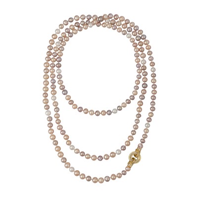 Колье (жемчуг розовый микс 7-8мм, фианит; покрытие золото) 140см, Есть комплект