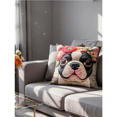 Наволочка декоративная Собака с цветами серый