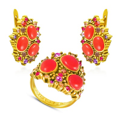 Комплект (коралл, кристаллы микс; покрытие золото)